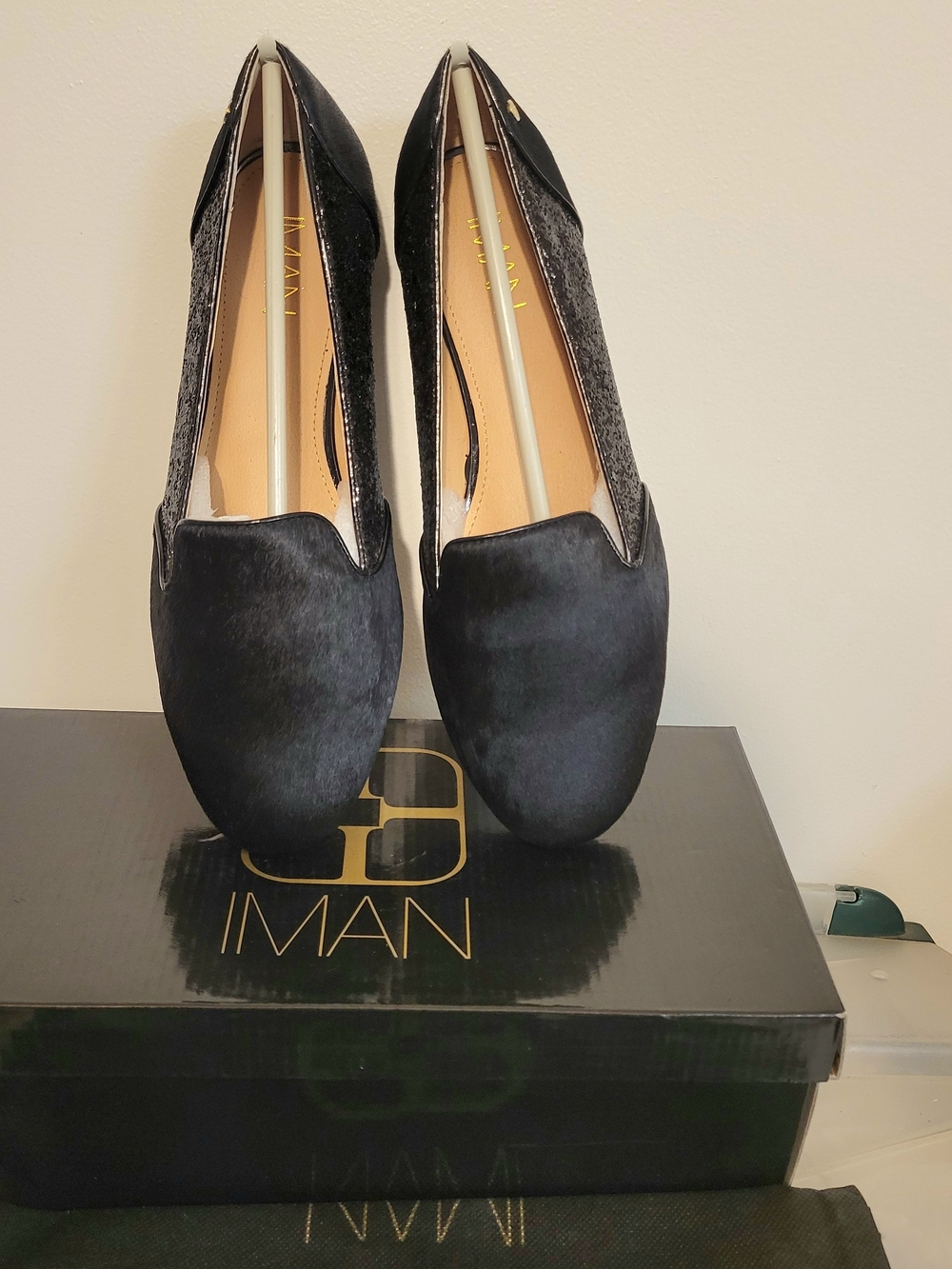 IMAN Black Calf Hair Leather Flats | Glitter Side Detail Wide Width Size 10 - Picture 5 of 6